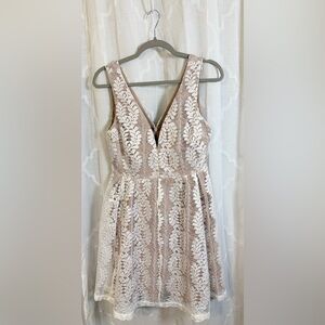 Lulus Lace Fit & Flare Dress | Cream Taupe Floral | Bridal/Grad/Homecoming